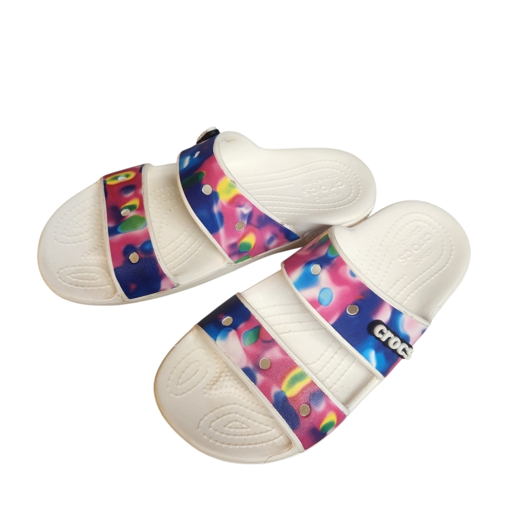 CROCS Iconic Comfort White Slides with Rainbow Tie-Dye Straps M5 W7 - Picture 4 of 8